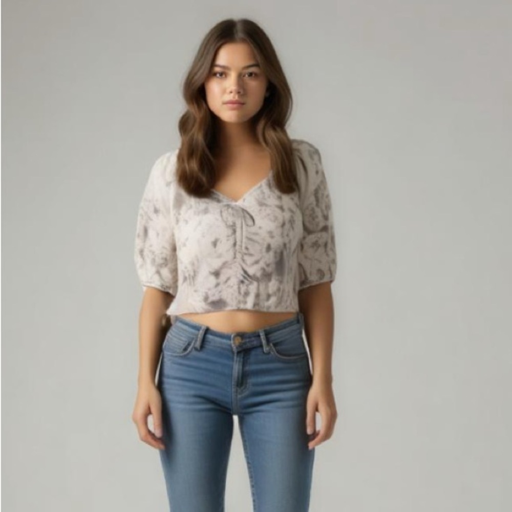 NWT Open Edit Ruched Purple Cropped Tie Dye Top; XXS and XS